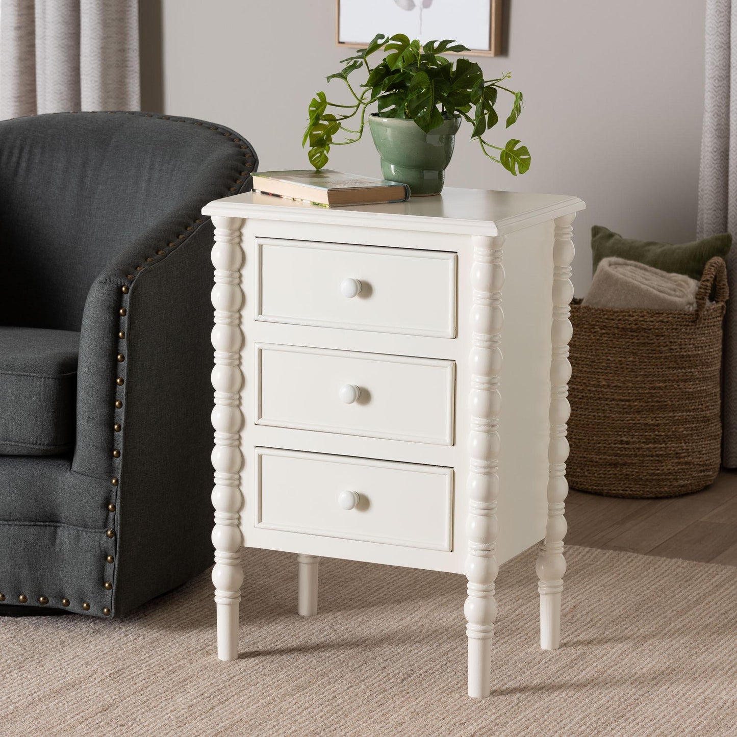 Baxton Studio Malinda Classic White Wood 3-Drawer End Table with Spindle Legs FredCo