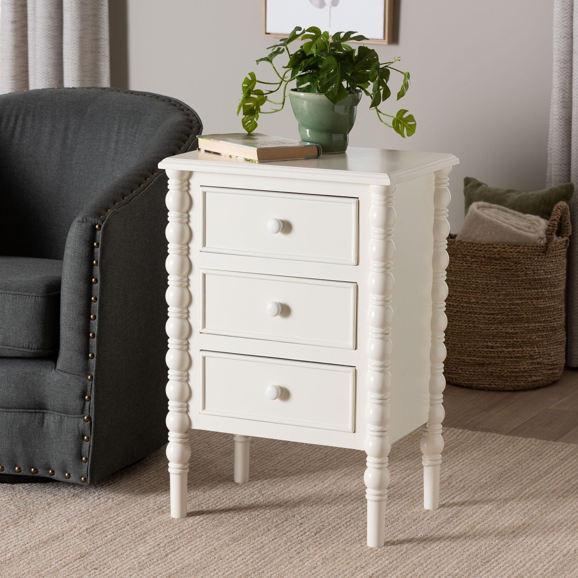 Baxton Studio Malinda Classic White Wood 3-Drawer End Table with Spindle Legs FredCo
