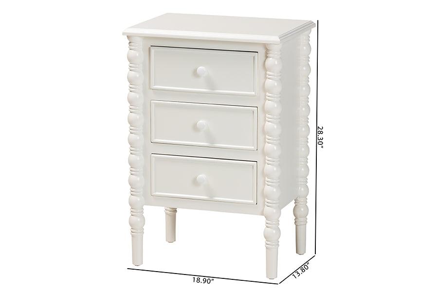 Baxton Studio Malinda Classic White Wood 3-Drawer End Table with Spindle Legs FredCo