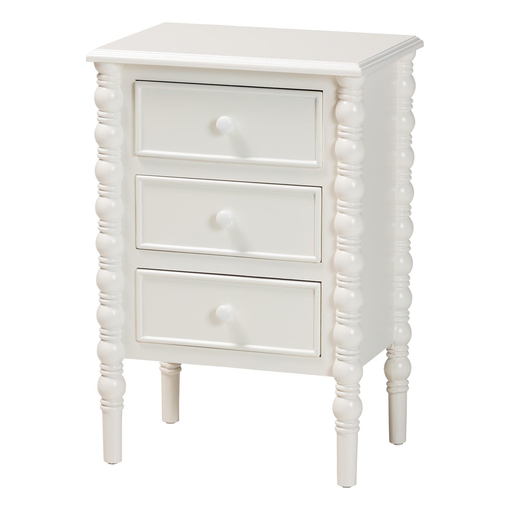 Baxton Studio Malinda Classic White Wood 3-Drawer End Table with Spindle Legs FredCo
