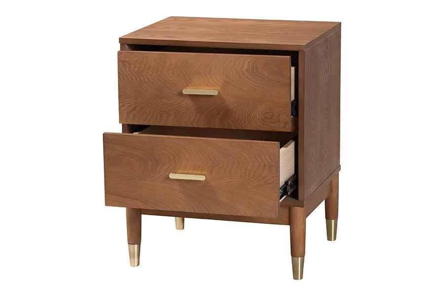 Baxton Studio Mandolin Mid-Century Ash Walnut Wood 2-Drawer Nightstand FredCo