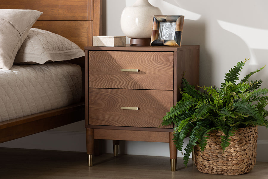 Baxton Studio Mandolin Mid-Century Ash Walnut Wood 2-Drawer Nightstand FredCo