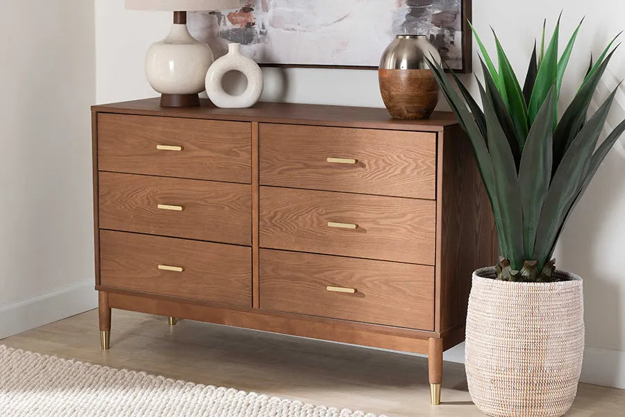 Baxton Studio Mandolin Mid-Century Ash Walnut Wood 6-Drawer Dresser FredCo