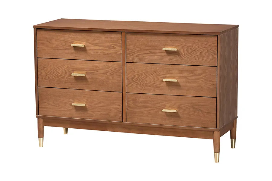 Baxton Studio Mandolin Mid-Century Ash Walnut Wood 6-Drawer Dresser FredCo