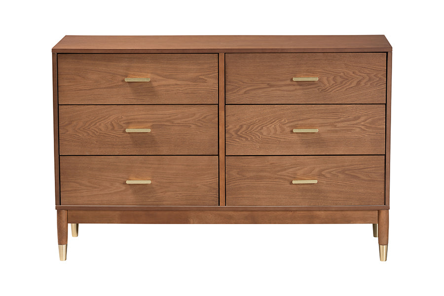 Baxton Studio Mandolin Mid-Century Ash Walnut Wood 6-Drawer Dresser FredCo