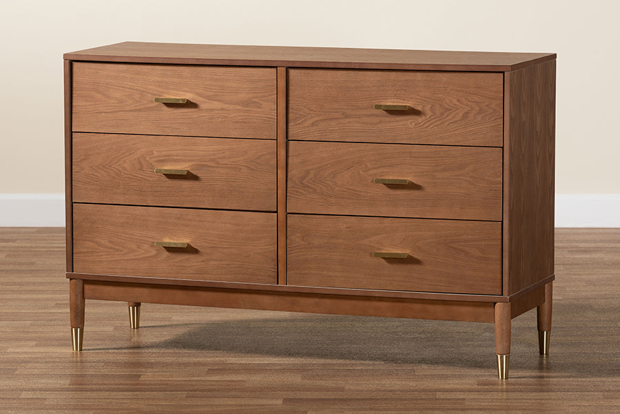 Baxton Studio Mandolin Mid-Century Ash Walnut Wood 6-Drawer Dresser FredCo