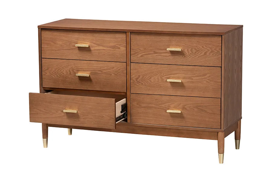 Baxton Studio Mandolin Mid-Century Ash Walnut Wood 6-Drawer Dresser FredCo