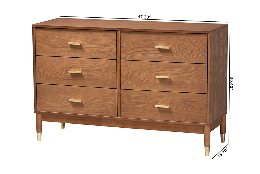 Baxton Studio Mandolin Mid-Century Ash Walnut Wood 6-Drawer Dresser FredCo