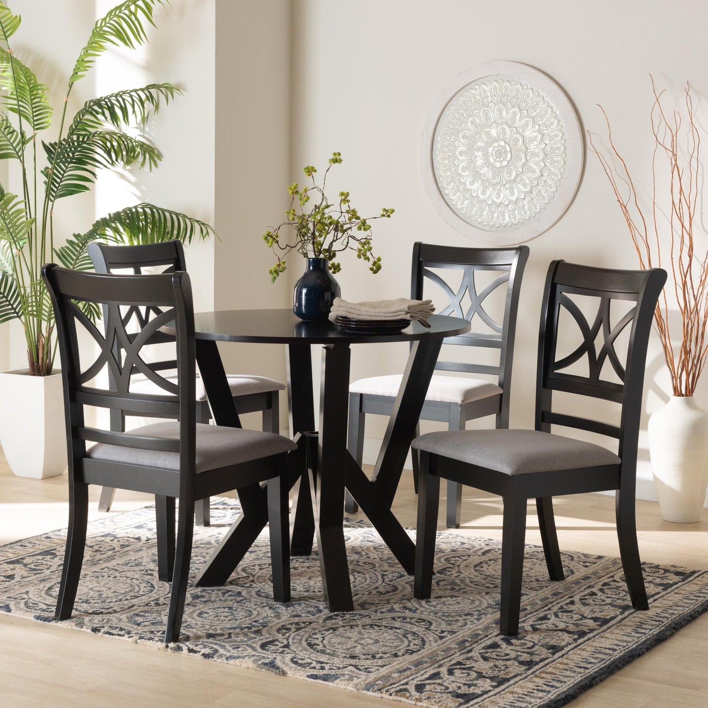 Baxton Studio Mari Modern Grey Fabric and Dark Brown Finished Wood 5-Piece Dining Set FredCo
