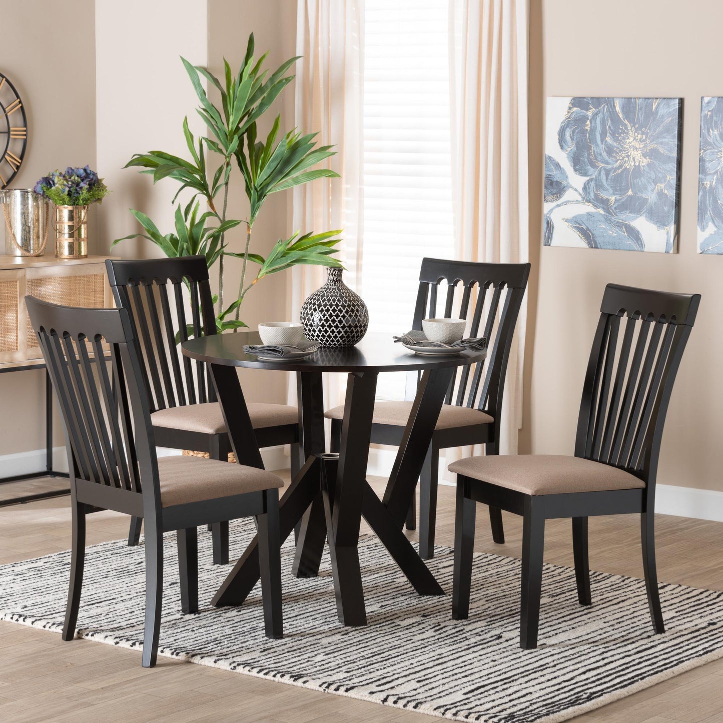 Baxton Studio Marian Modern Sand Fabric and Dark Brown Finished Wood 5-Piece Dining Set FredCo