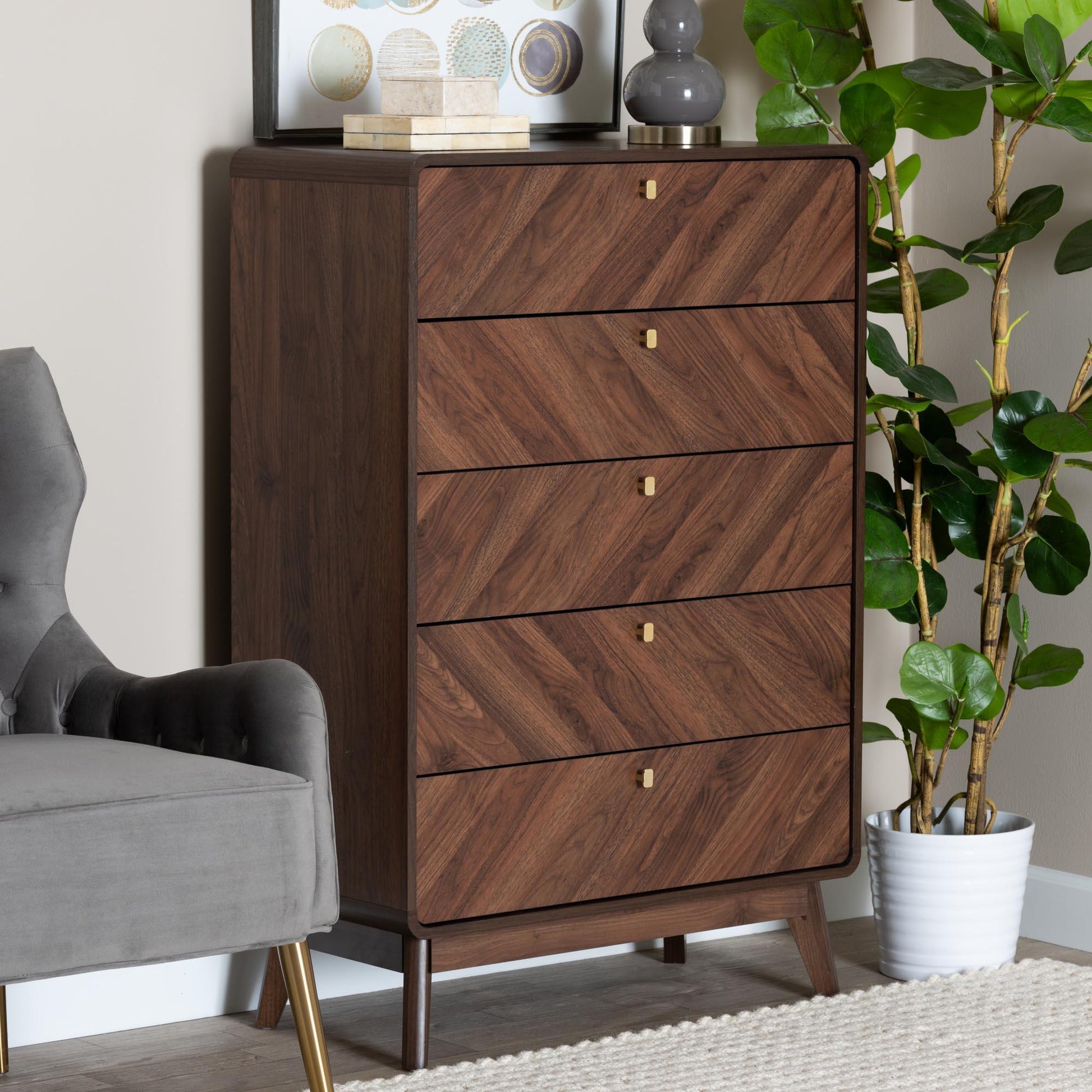 Baxton Studio Markell Mid-Century Modern Transitional Walnut Brown Finished Wood 5-Drawer Storage Chest FredCo