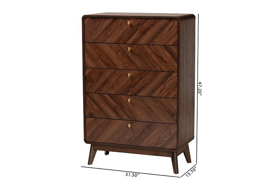 Baxton Studio Markell Mid-Century Modern Transitional Walnut Brown Finished Wood 5-Drawer Storage Chest FredCo