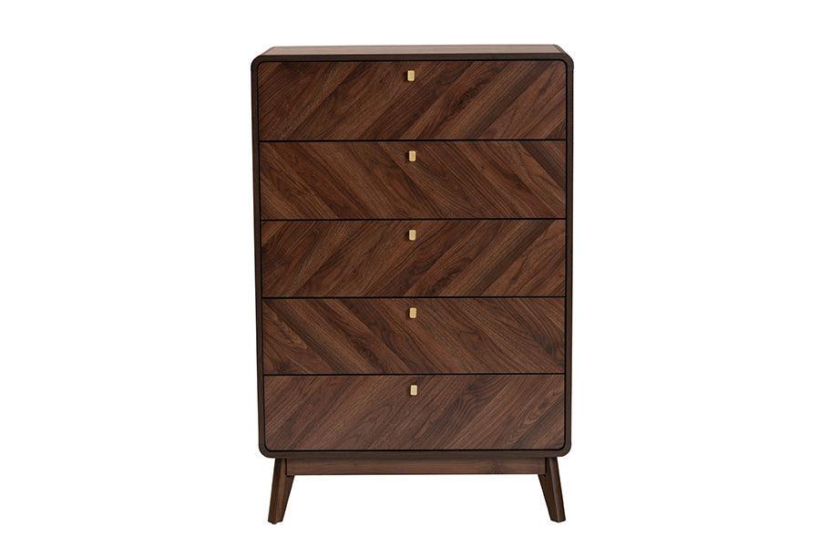 Baxton Studio Markell Mid-Century Modern Transitional Walnut Brown Finished Wood 5-Drawer Storage Chest FredCo
