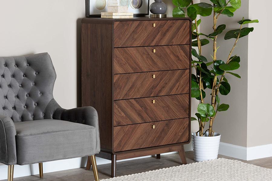 Baxton Studio Markell Mid-Century Modern Transitional Walnut Brown Finished Wood 5-Drawer Storage Chest FredCo