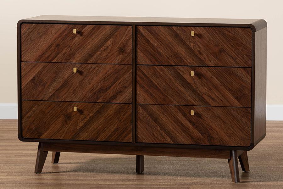 Baxton Studio Markell Mid-Century Modern Transitional Walnut Brown Finished Wood 6-Drawer Dresser FredCo