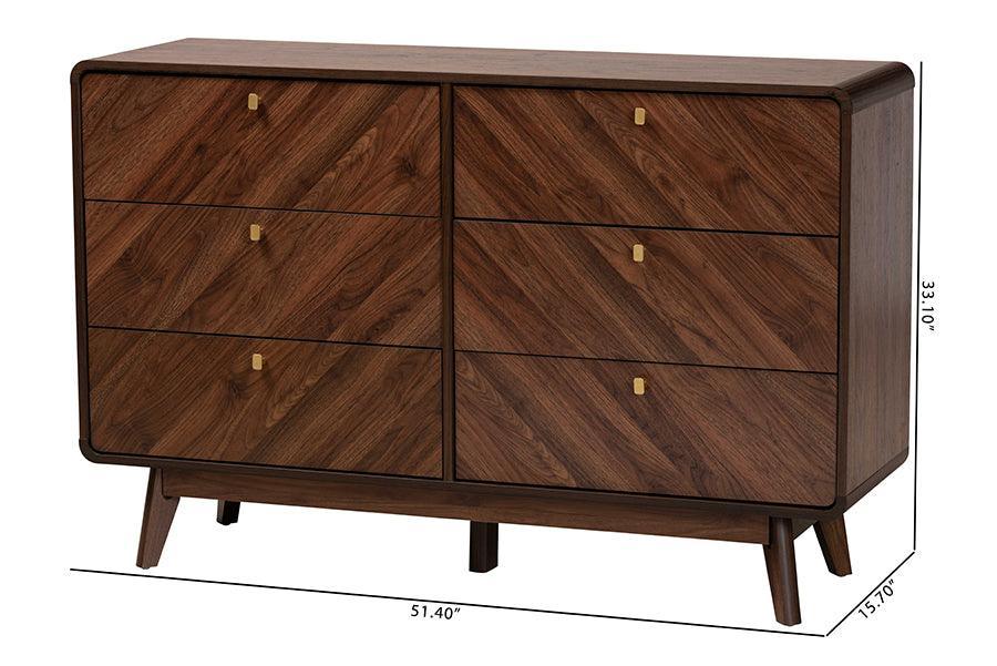 Baxton Studio Markell Mid-Century Modern Transitional Walnut Brown Finished Wood 6-Drawer Dresser FredCo
