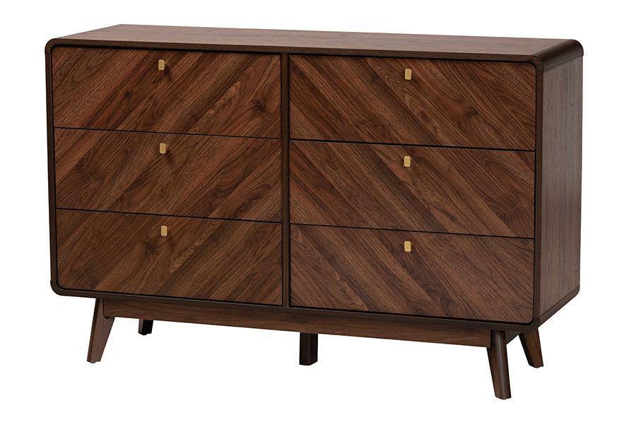 Baxton Studio Markell Mid-Century Modern Transitional Walnut Brown Finished Wood 6-Drawer Dresser FredCo