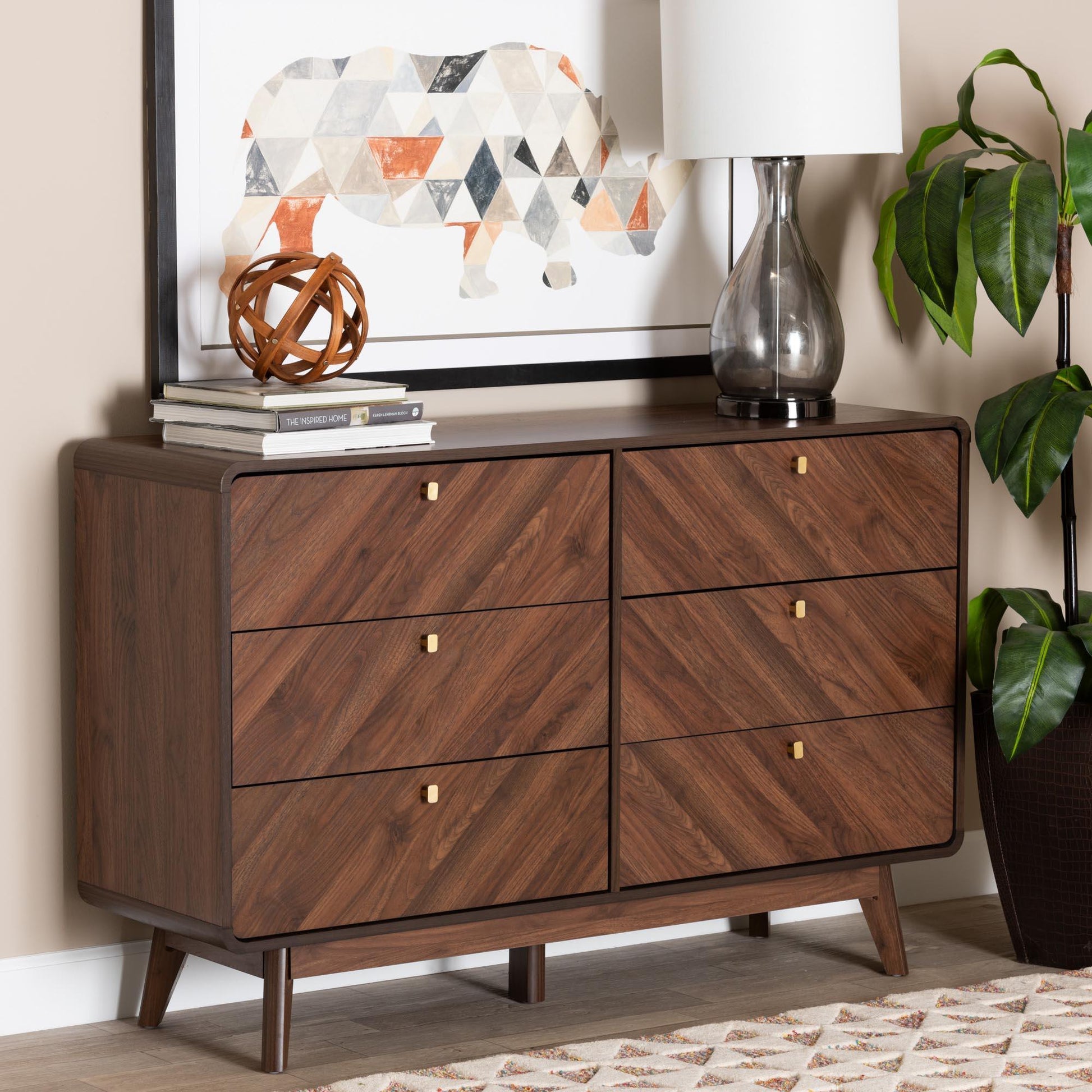Baxton Studio Markell Mid-Century Modern Transitional Walnut Brown Finished Wood 6-Drawer Dresser FredCo