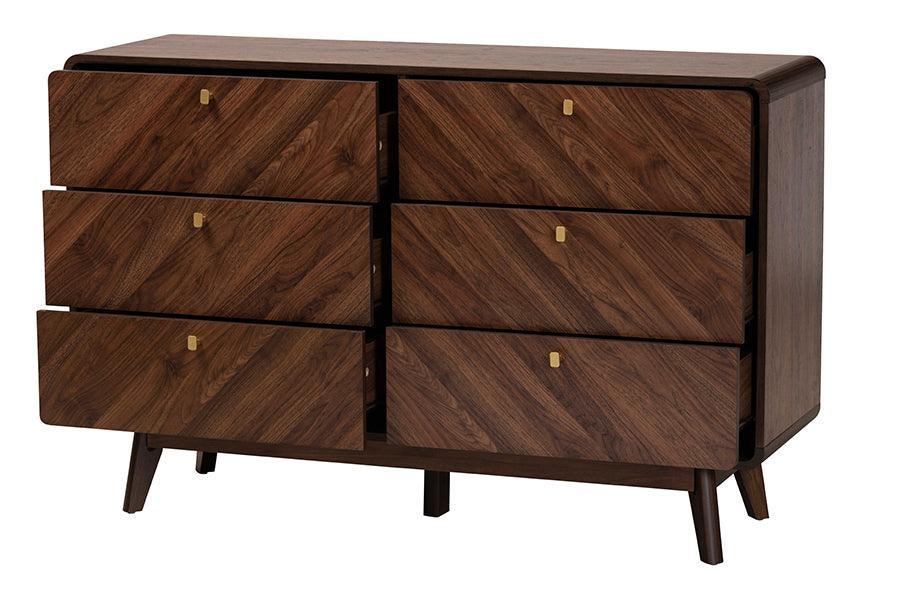 Baxton Studio Markell Mid-Century Modern Transitional Walnut Brown Finished Wood 6-Drawer Dresser FredCo