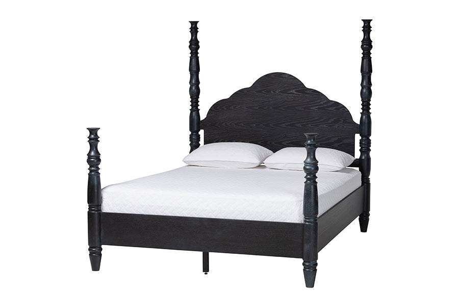 Baxton Studio Martino King Four-Poster Platform Bed – Sculpted Post Spindle Bed Frame with Panel Headboard, Black FredCo