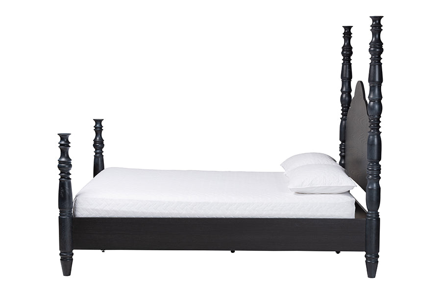 Baxton Studio Martino King Four-Poster Platform Bed – Sculpted Post Spindle Bed Frame with Panel Headboard, Black FredCo