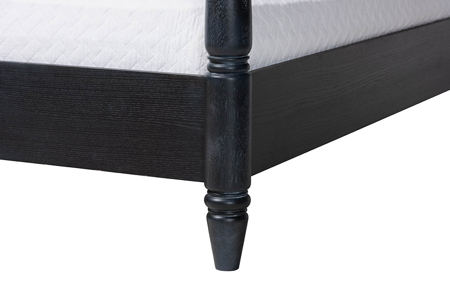 Baxton Studio Martino King Four-Poster Platform Bed – Sculpted Post Spindle Bed Frame with Panel Headboard, Black FredCo