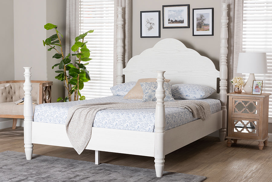 Baxton Studio Martino King Four-Poster Platform Bed – Sculpted Post Spindle Bed Frame with Panel Headboard, White FredCo