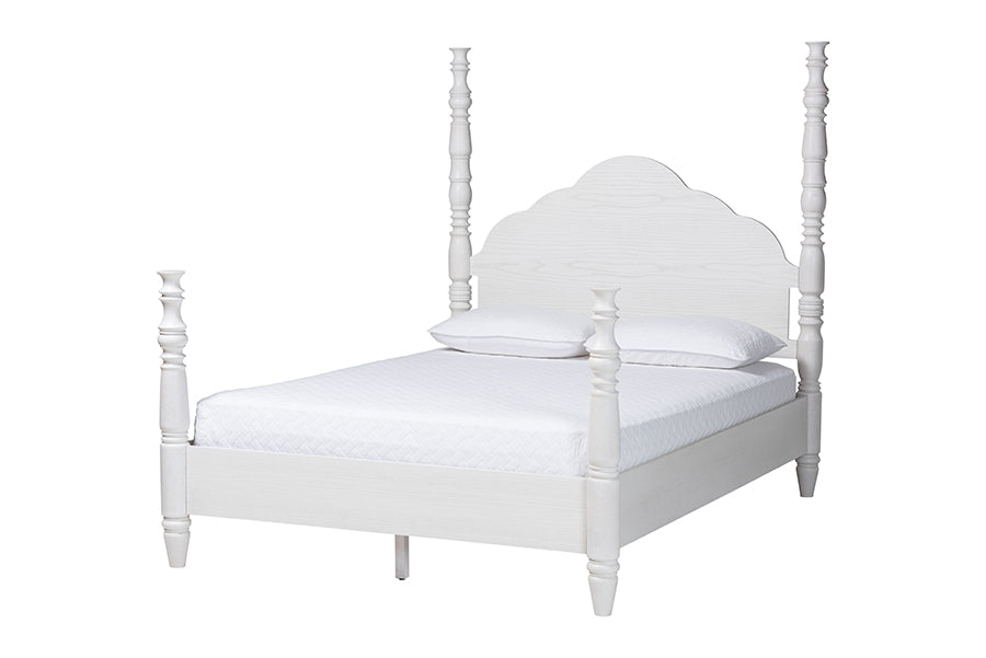 Baxton Studio Martino King Four-Poster Platform Bed – Sculpted Post Spindle Bed Frame with Panel Headboard, White FredCo