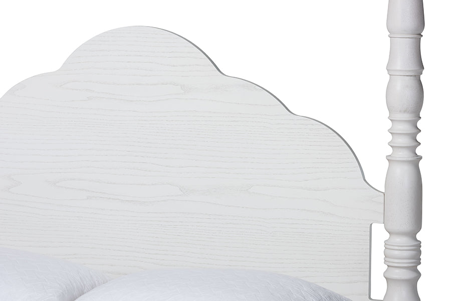 Baxton Studio Martino King Four-Poster Platform Bed – Sculpted Post Spindle Bed Frame with Panel Headboard, White FredCo