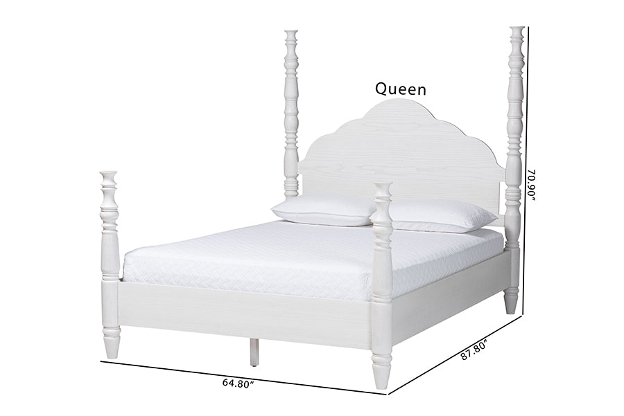 Baxton Studio Martino King Four-Poster Platform Bed – Sculpted Post Spindle Bed Frame with Panel Headboard, White FredCo