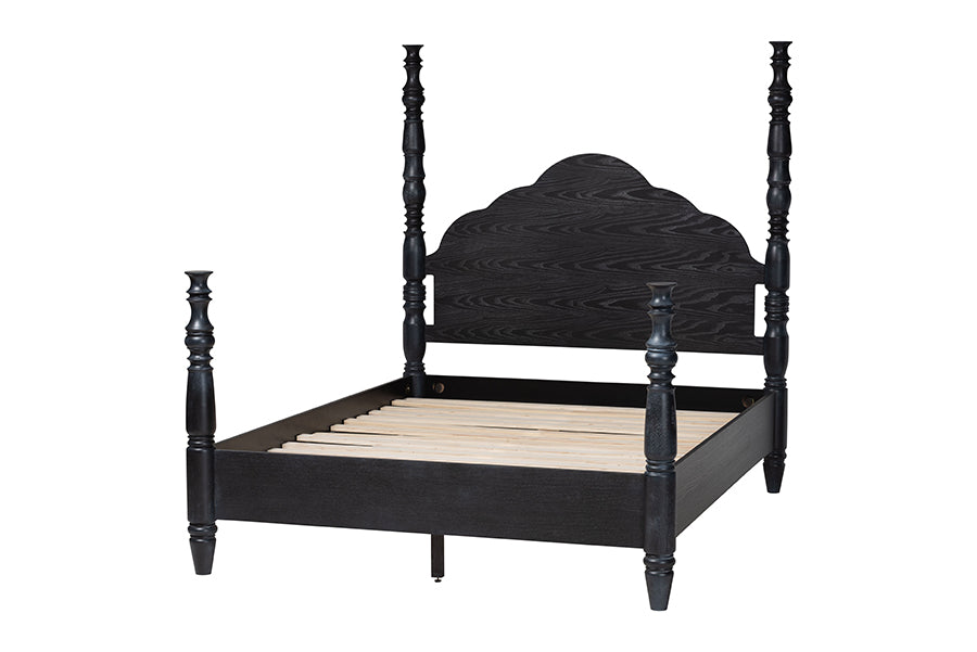 Baxton Studio Martino Queen Four-Poster Platform Bed – Sculpted Post Spindle Bed Frame with Panel Headboard, Black FredCo