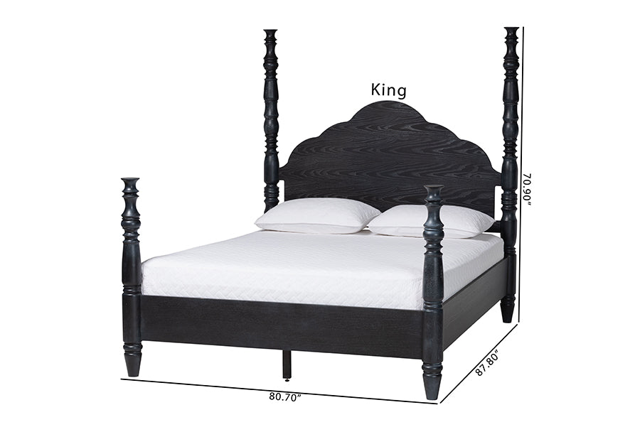 Baxton Studio Martino Queen Four-Poster Platform Bed – Sculpted Post Spindle Bed Frame with Panel Headboard, Black FredCo