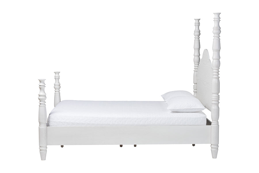 Baxton Studio Martino Queen Four-Poster Platform Bed – Sculpted Post Spindle Bed Frame with Panel Headboard, White FredCo