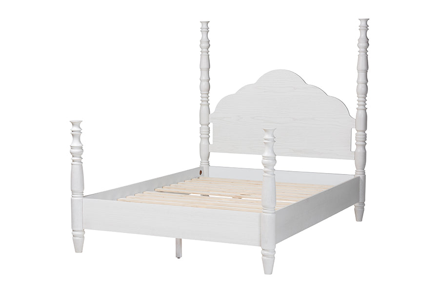 Baxton Studio Martino Queen Four-Poster Platform Bed – Sculpted Post Spindle Bed Frame with Panel Headboard, White FredCo
