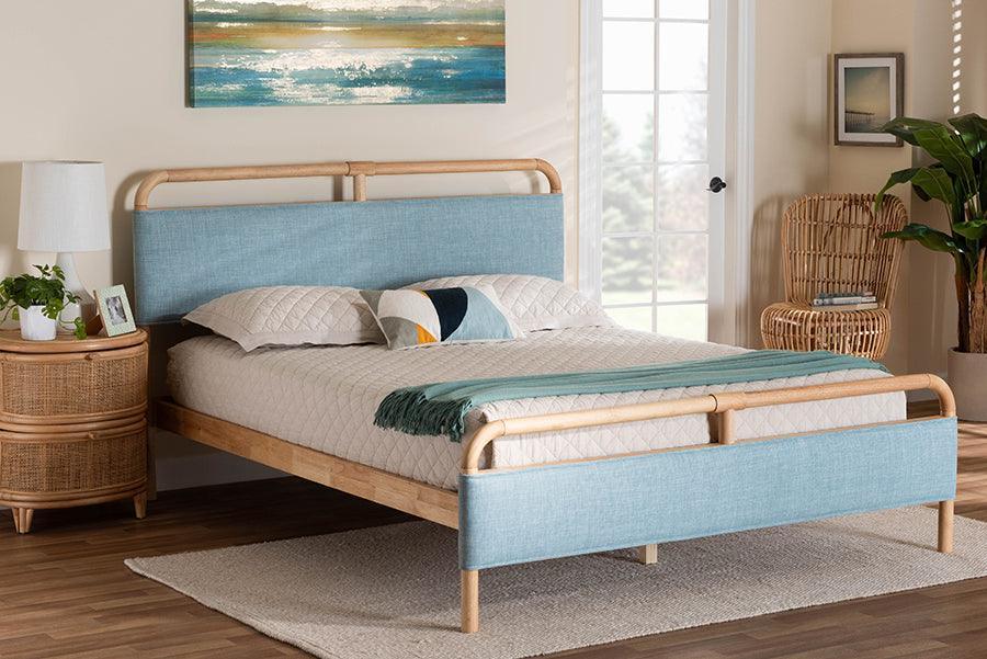Baxton Studio Mateo Modern and Contemporary Baby Blue Fabric and Natural Wood Queen Size Platform Bed FredCo