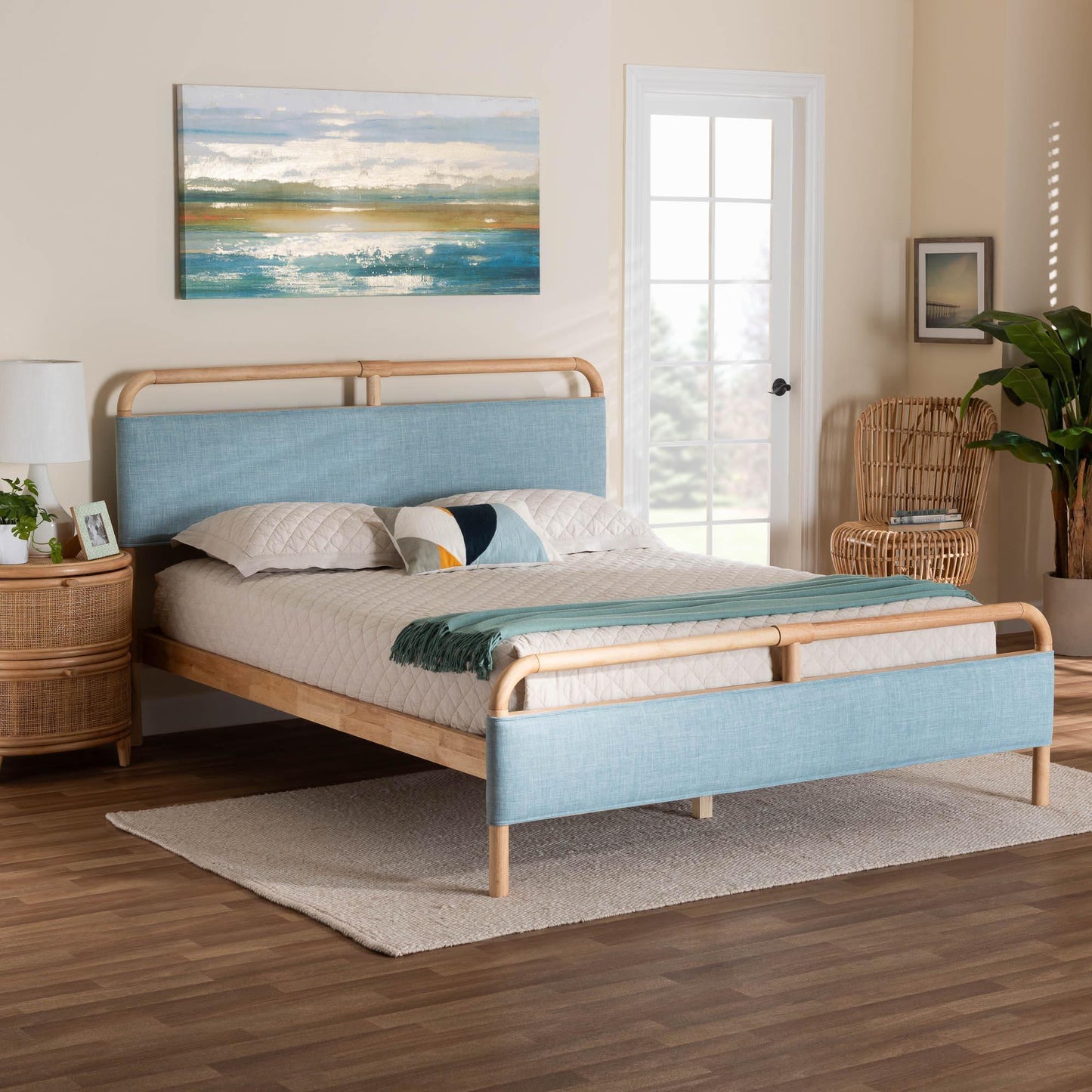 Baxton Studio Mateo Modern and Contemporary Baby Blue Fabric and Natural Wood Queen Size Platform Bed FredCo