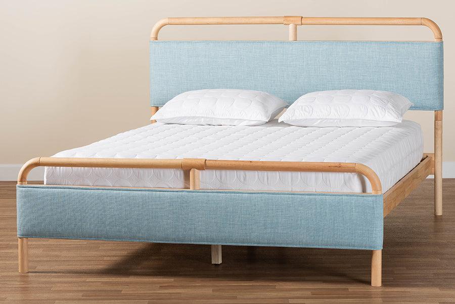Baxton Studio Mateo Modern and Contemporary Baby Blue Fabric and Natural Wood Queen Size Platform Bed FredCo