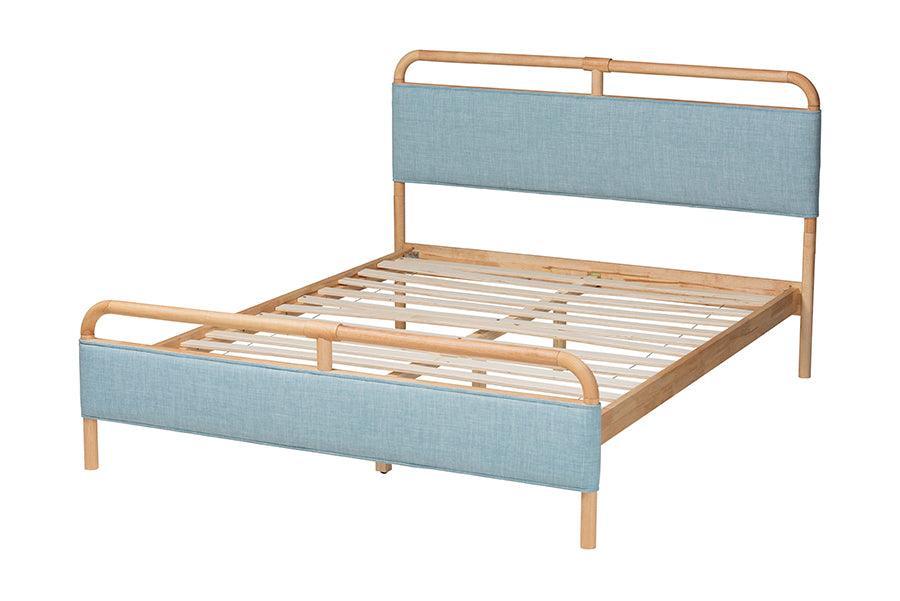 Baxton Studio Mateo Modern and Contemporary Baby Blue Fabric and Natural Wood Queen Size Platform Bed FredCo