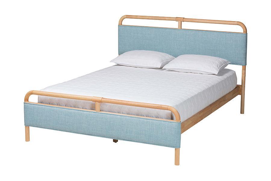 Baxton Studio Mateo Modern and Contemporary Baby Blue Fabric and Natural Wood Queen Size Platform Bed FredCo