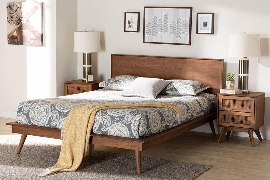 Baxton Studio Melora Mid-Century Modern Walnut Brown Finished Wood and Rattan Full Size 3-Piece Bedroom Set FredCo