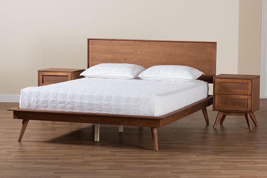 Baxton Studio Melora Mid-Century Modern Walnut Brown Finished Wood and Rattan Full Size 3-Piece Bedroom Set FredCo