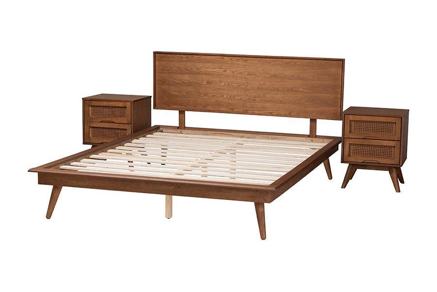 Baxton Studio Melora Mid-Century Modern Walnut Brown Finished Wood and Rattan Full Size 3-Piece Bedroom Set FredCo