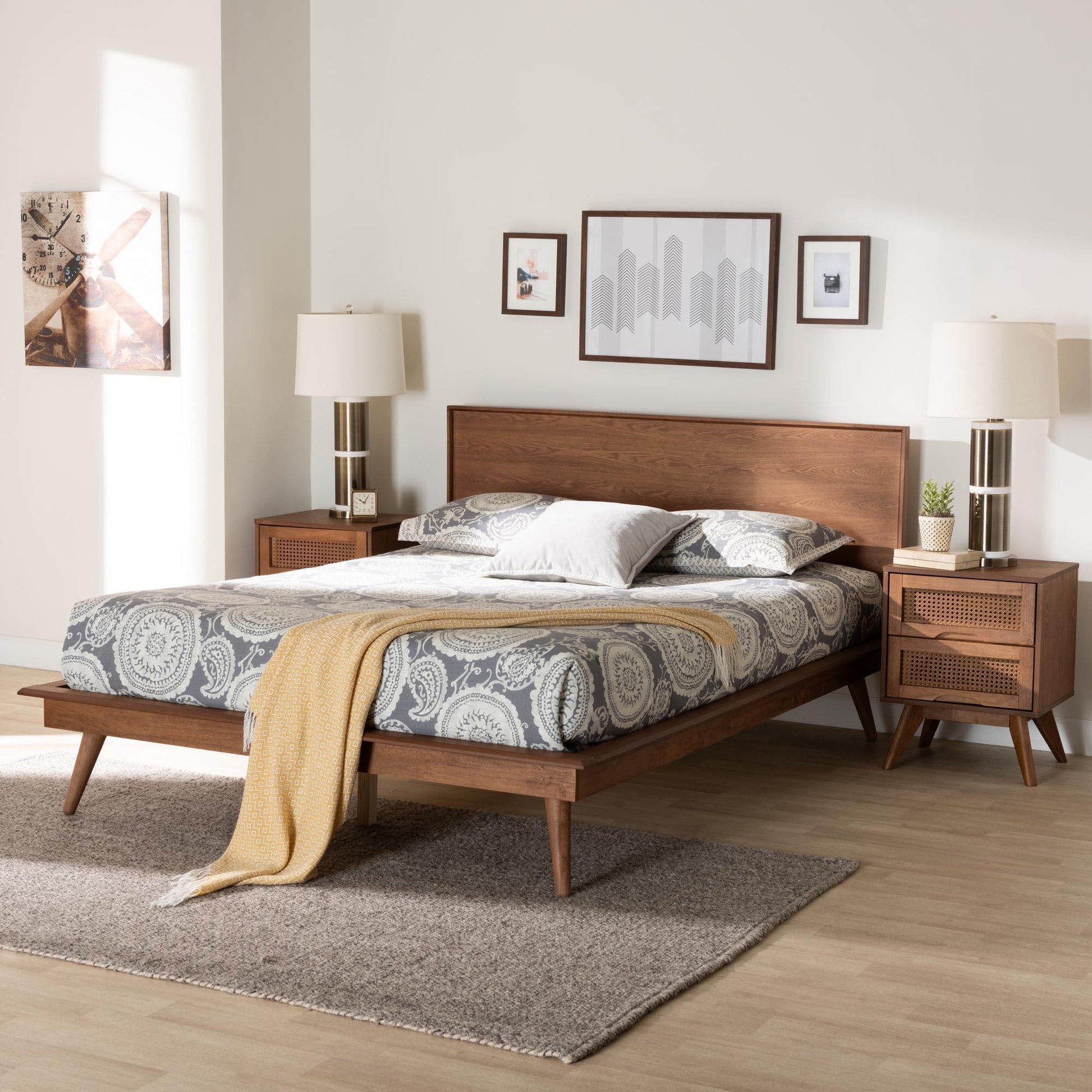 Baxton Studio Melora Mid-Century Modern Walnut Brown Finished Wood and Rattan Full Size 3-Piece Bedroom Set FredCo