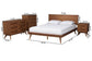 Baxton Studio Melora Mid-Century Modern Walnut Brown Finished Wood and Rattan Full Size 4-Piece Bedroom Set FredCo