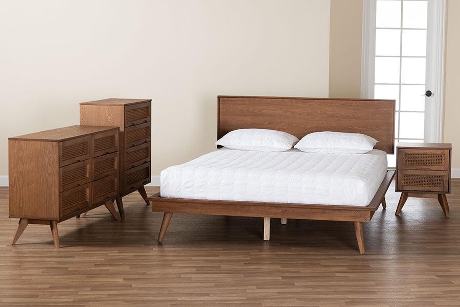 Baxton Studio Melora Mid-Century Modern Walnut Brown Finished Wood and Rattan Full Size 4-Piece Bedroom Set FredCo