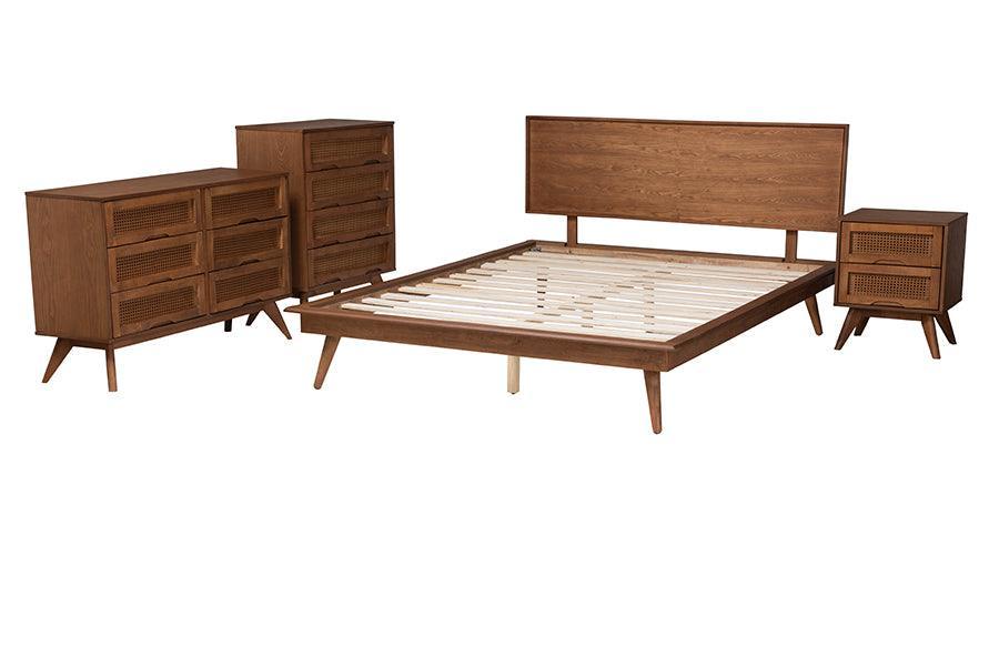 Baxton Studio Melora Mid-Century Modern Walnut Brown Finished Wood and Rattan Full Size 4-Piece Bedroom Set FredCo