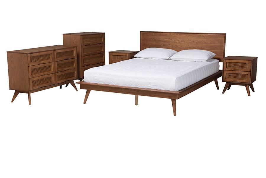 Baxton Studio Melora Mid-Century Modern Walnut Brown Finished Wood and Rattan Full Size 5-Piece Bedroom Set FredCo