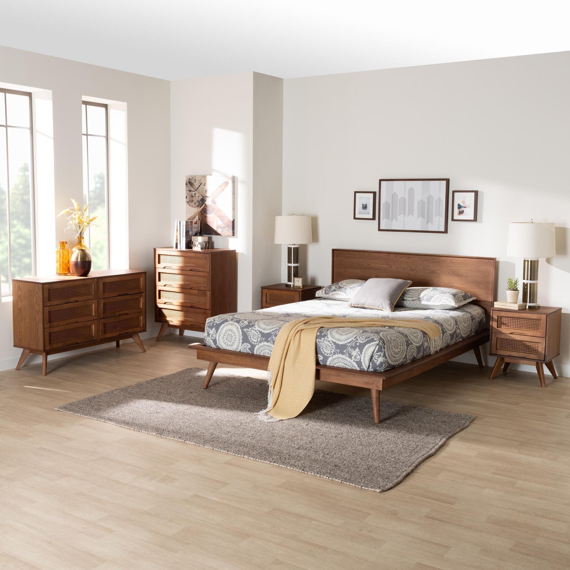 Baxton Studio Melora Mid-Century Modern Walnut Brown Finished Wood and Rattan Full Size 5-Piece Bedroom Set FredCo