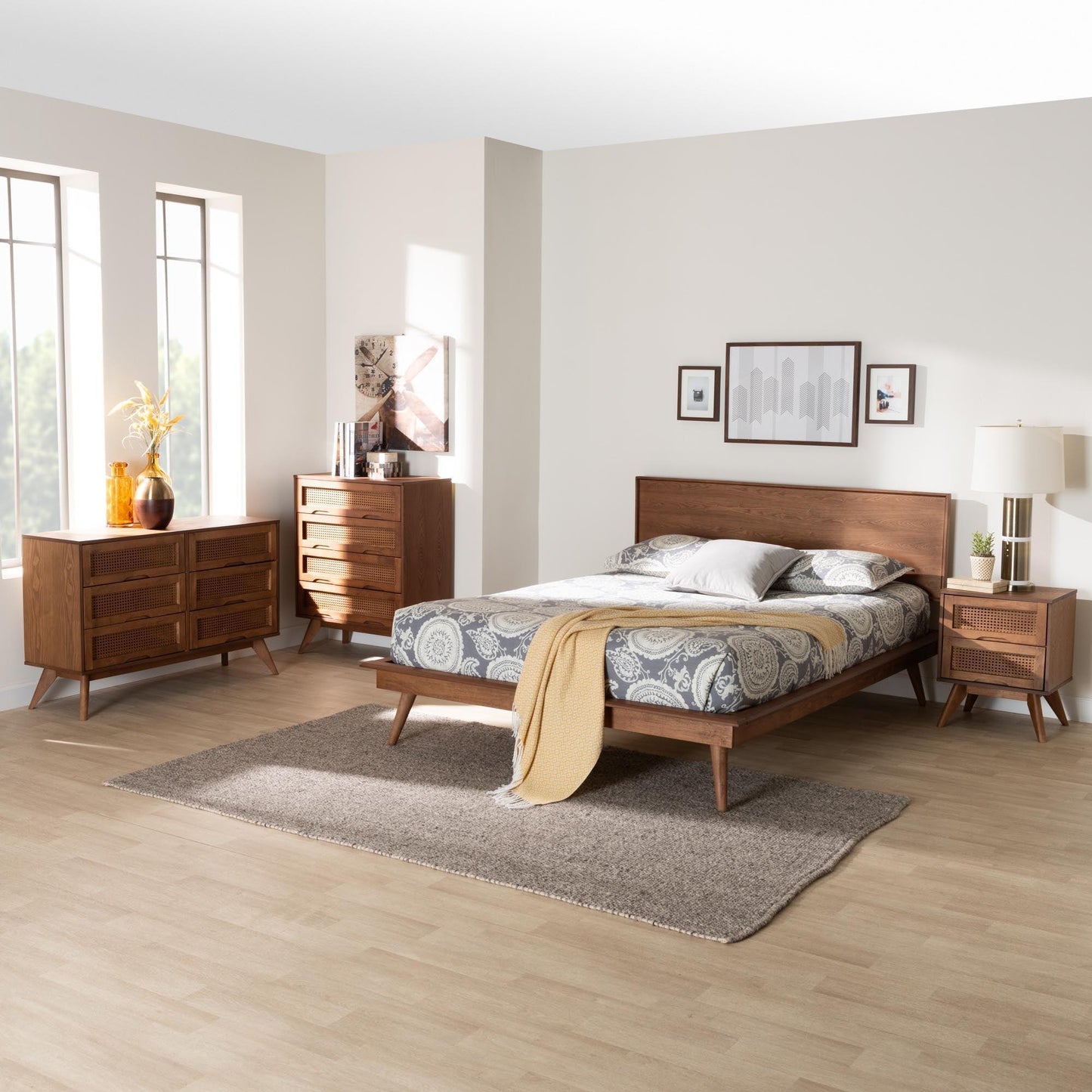Baxton Studio Melora Mid-Century Modern Walnut Brown Finished Wood and Rattan King Size 4-Piece Bedroom Set FredCo