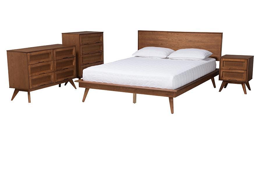 Baxton Studio Melora Mid-Century Modern Walnut Brown Finished Wood and Rattan King Size 4-Piece Bedroom Set FredCo